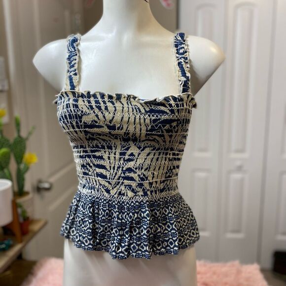 Patrons of Peace Smocked Peplum Tank Top | Blue Beige Boho Print – Size XS NWT - Picture 1 of 4